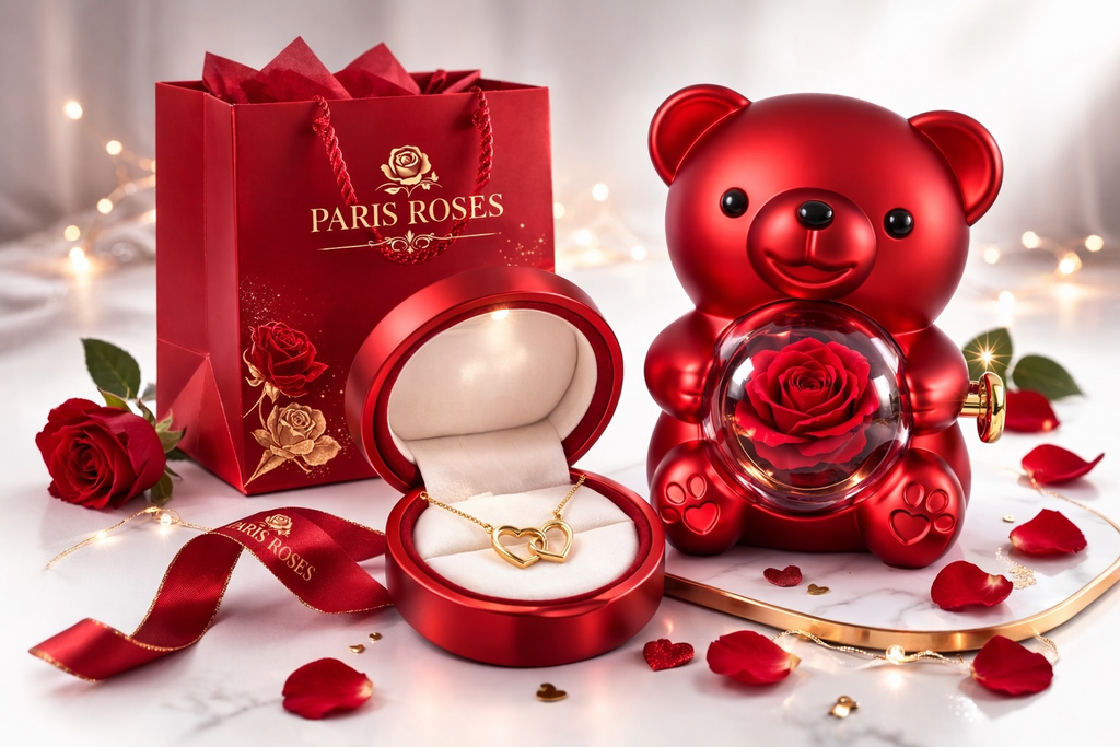 Hnustbo Rose Eternelle avec Collier I Love You, Nounours Ours en Rose Idee Cadeau pour Femme